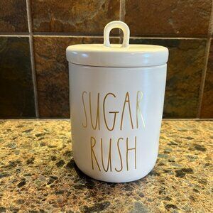New Rae Dunn Sugar Rush Looped Lid Canister Off White Gold Lettering Candy Jar